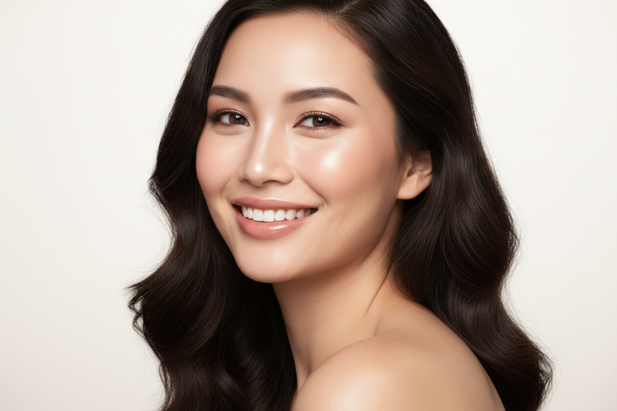 create me an image for high end beauty store of smilling women. I want the image to look like a high end brand. No text on photo